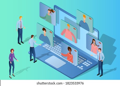 Video conference.The concept of holding an online video conference.People use a laptop to communicate.Use of modern technologies for communication.Isometric vector illustration.