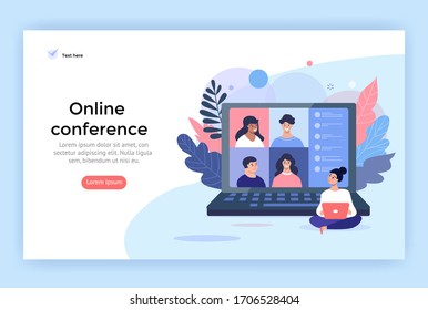 Video conference concept illustration. Young women using computer
for a online meeting with friends. Landing page design 