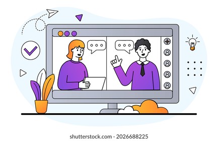 Video Conference Concept. Man And Woman Discuss Project Via Video Link. Computer Screen With Characters. Remote Work During COVID 19. Cartoon Flat Vector Illustration Isolated On White Background