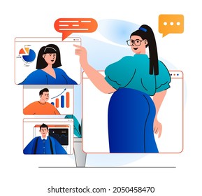Concepto de videoconferencia en diseño plano moderno. La mujer escucha informes de colegas de forma remota usando videollamadas grupales en pantallas. Empleados discutiendo tareas en una reunión en línea. Ilustración del vector