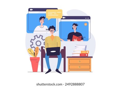 Video concepto de conferencia en diseño plano moderno para el Web. Compañeros que se conectan en línea a través de llamadas de zoom desde el programa portátil, hablando y hablando sobre el trabajo, haciendo tareas de forma remota en el equipo. Ilustración vectorial.