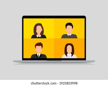Video conference concept on laptop. Online meeting. Video call with people on the computer screen. Quarantine, remote education, working from home. Vector illustration.