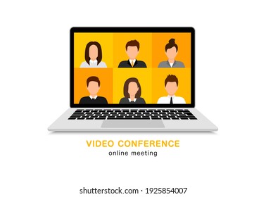 Video conference concept on laptop. Online meeting. Video call with people on the computer screen. Quarantine, remote education, working from home. Vector illustration.