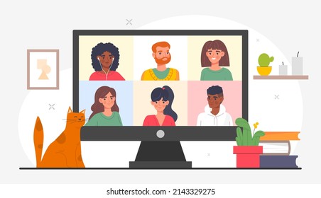 Video conference concept. Online meeting of partners or employees. Colorful poster with computer screen and communicating colleagues. Remote work from home. Cartoon modern flat vector illustration