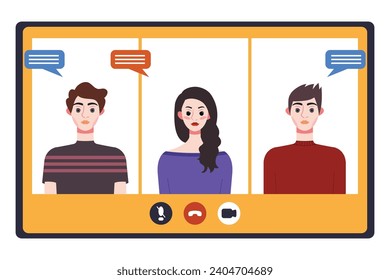 Video conference concept. People avatars on computer screen. Vector illustration