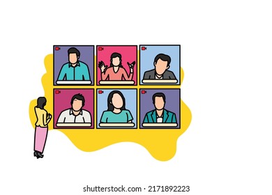 Video conference concept. People doing meeting online during work from home. Flat design.