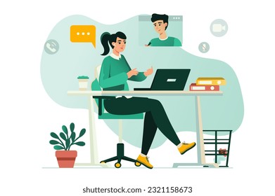 Video conference concept with people scene in the flat cartoon style. The manager and the employee discuss work on a video conference. Vector illustration.