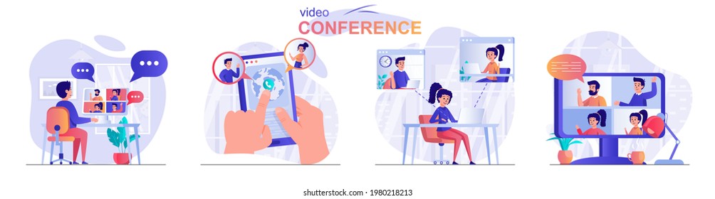 Escenarios de concepto de videoconferencia. Hombres y mujeres llamando por video comunicación, reuniones de negocios en línea. Colección de actividades populares. Ilustración vectorial de caracteres en diseño plano