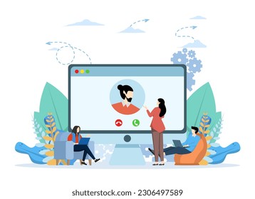 Video Conference Concept, Showing business group having remote virtual video conference meeting, Suitable for landing page, UI, web, app intro card, flyer and banner, Vector Illustration, flat.