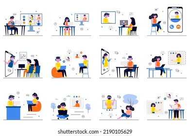 Concepto de videoconferencia con escenas de personas diminutas ambientadas en diseño plano. Un grupo de hombres y mujeres hablando con sus amigos y discutiendo con sus colegas en línea en un video chat. Ilustración vectorial para web