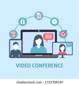 Video conference concept vector illustration. Webinar online training education flat design. Businesswoman and businessman on video conference via computer and tablet. Online meeting.