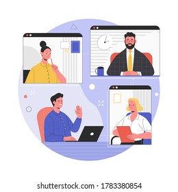 Video conference concept. Vector illustration of computer and smartphone screens of colleagues talking during a video call. Isolated on background