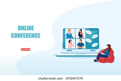 Video conference concept. Vector of a  woman using computer for an online meeting with friends. 