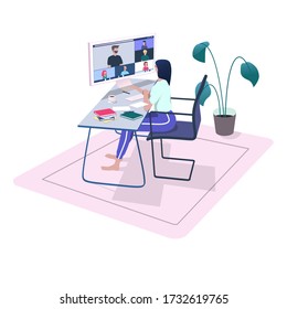 Video conference concept. Woman sitting at the desk, meeting online for a work at home. Online learning. Enjoy self-isolation, stay  home. Flat vector illustration.