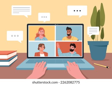 Video conference concept. Working meeting and communication on Internet. Remote employees or freelancers. Call with colleagues and friends, online discussion. Cartoon flat vector illustration