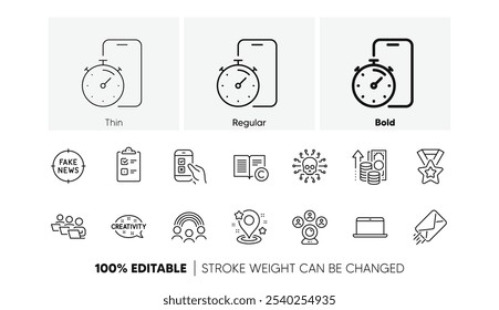 Ícones de linha de Faixa de Opções de Vídeo, Copyright e Vencedor. Pacote de Laptop, Pin, ícone Lista de Verificação. Inflação, e-mail, pictograma de ataque cibernético. Criatividade, Trabalho em equipe, Notícias falsas. Aplicativo de timer. Ícones de linha. Vetor