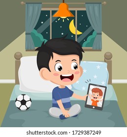 Video Conference. Cute Little Kid Comfortable Sitting On Bed Using Tablet For Video Call With Friend Stay At Home In Night Time. Boy Happy Smile Using Internet Technology. Vector Illustration.