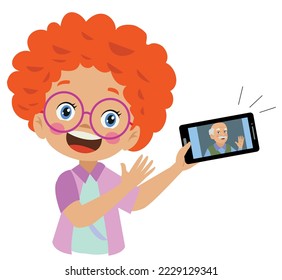 Video Conference Cute little Kid using tablet for video call with friend Children happy smile using internet technology for talking girl face on screen