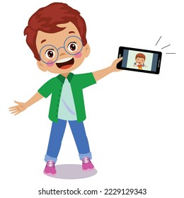 Video Conference Cute little Kid using tablet for video call with friend Children happy smile using internet technology for talking girl face on screen