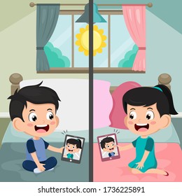Video Conference. Cute little Kids using tablet for video call with friend. Children happy smile using internet technology for meeting. Stay at home. Vector cartoon kid illustration for teleconference