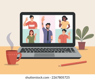 Video conference of different people. Young women and men waives hands in hello gesture while smiling cheerfully. Laptop on the desk. Vector flat cartoon style illustration