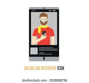 Video Conference And Digital Communication Icon. Virtual Job Interview. Vector Illustration In A Flat Cartoon Style.