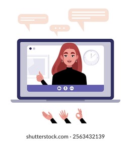 Video conference, discussion, remote work, greeting, quarantine. A laptop with an online call and a set of hands and bubbles for conversation. Colorful flat vector illustration
