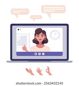Video conference, discussion, remote work, greeting, quarantine. A laptop with an online call and a set of hands and bubbles for conversation. Colorful flat vector illustration
