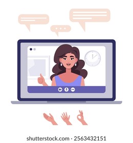 Video conference, discussion, remote work, greeting, quarantine. A laptop with an online call and a set of hands and bubbles for conversation. Colorful flat vector illustration
