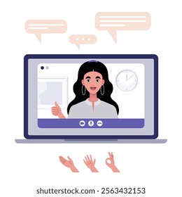 Video conference, discussion, remote work, greeting, quarantine. A laptop with an online call and a set of hands and bubbles for conversation. Colorful flat vector illustration
