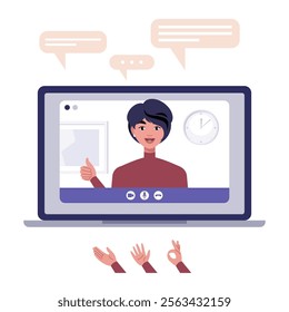 Video conference, discussion, remote work, greeting, quarantine. A laptop with an online call and a set of hands and bubbles for conversation. Colorful flat vector illustration

