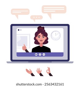 Video conference, discussion, remote work, greeting, quarantine. A laptop with an online call and a set of hands and bubbles for conversation. Colorful flat vector illustration
