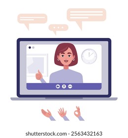 Video conference, discussion, remote work, greeting, quarantine. A laptop with an online call and a set of hands and bubbles for conversation. Colorful flat vector illustration
