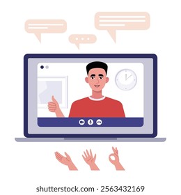 Video conference, discussion, remote work, greeting, quarantine. A laptop with an online call and a set of hands and bubbles for conversation. Colorful flat vector illustration
