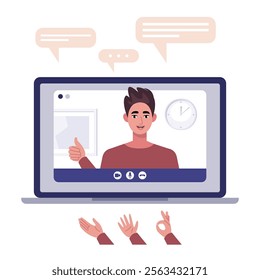 Video conference, discussion, remote work, greeting, quarantine. A laptop with an online call and a set of hands and bubbles for conversation. Colorful flat vector illustration

