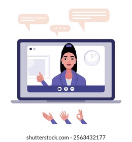 Video conference, discussion, remote work, greeting, quarantine. A laptop with an online call and a set of hands and bubbles for conversation. Colorful flat vector illustration
