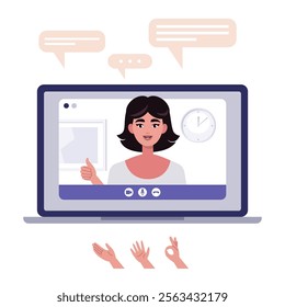 Video conference, discussion, remote work, greeting, quarantine. A laptop with an online call and a set of hands and bubbles for conversation. Colorful flat vector illustration
