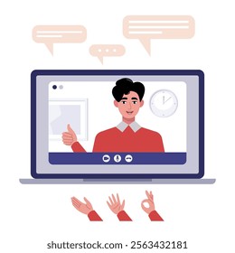 Video conference, discussion, remote work, greeting, quarantine. A laptop with an online call and a set of hands and bubbles for conversation. Colorful flat vector illustration
