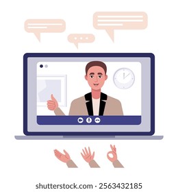 Video conference, discussion, remote work, greeting, quarantine. A laptop with an online call and a set of hands and bubbles for conversation. Colorful flat vector illustration
