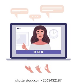 Video conference, discussion, remote work, greeting, quarantine. A laptop with an online call and a set of hands and bubbles for conversation. Colorful flat vector illustration
