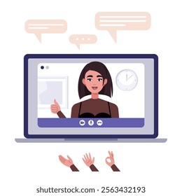 Video conference, discussion, remote work, greeting, quarantine. A laptop with an online call and a set of hands and bubbles for conversation. Colorful flat vector illustration
