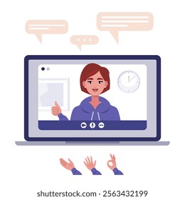 Video conference, discussion, remote work, greeting, quarantine. A laptop with an online call and a set of hands and bubbles for conversation. Colorful flat vector illustration
