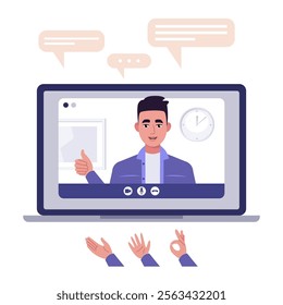 Video conference, discussion, remote work, greeting, quarantine. A laptop with an online call and a set of hands and bubbles for conversation. Colorful flat vector illustration

