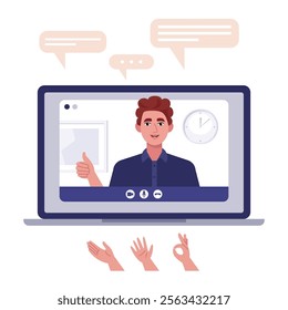 Video conference, discussion, remote work, greeting, quarantine. A laptop with an online call and a set of hands and bubbles for conversation. Colorful flat vector illustration
