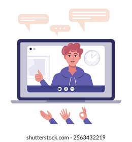 Video conference, discussion, remote work, greeting, quarantine. A laptop with an online call and a set of hands and bubbles for conversation. Colorful flat vector illustration
