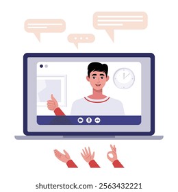 Video conference, discussion, remote work, greeting, quarantine. A laptop with an online call and a set of hands and bubbles for conversation. Colorful flat vector illustration
