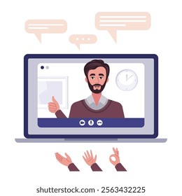 Video conference, discussion, remote work, greeting, quarantine. A laptop with an online call and a set of hands and bubbles for conversation. Colorful flat vector illustration
