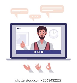 Video conference, discussion, remote work, greeting, quarantine. A laptop with an online call and a set of hands and bubbles for conversation. Colorful flat vector illustration
