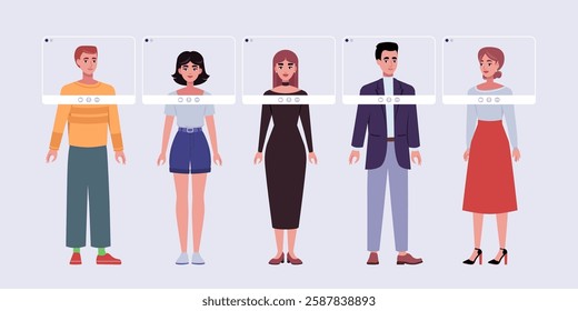 Video conference, discussion, remote work, greeting, quarantine. Group of people with online frames standing on isolated background. Colorful flat vector illustration