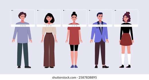 Video conference, discussion, remote work, greeting, quarantine. Group of people with online frames standing on isolated background. Colorful flat vector illustration